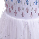 up close view of bodice and skirt seam A Frozen-inspired long-sleeved princess dress with a gradient white-to-blue bodice and a flowing blue tulle skirt adorned with sparkling silver snowflakes and stars, perfect for a child's fantasy dress-up or themed party.
