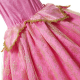 "Girl's Sleeping Beauty costume with pink and gold lace dress and gemstone embellishments back skirt