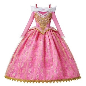 "Girl's Sleeping Beauty costume with pink and gold lace dress and gemstone embellishments front
