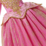 "Girl's Sleeping Beauty costume with pink and gold lace dress and gemstone embellishments front skirt