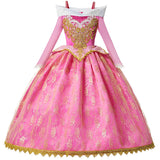 
Pink Sleeping Beauty princess dress costume with gold lace details, tiara, wand, gloves, jewelry, and blonde wig for girls – perfect for Halloween, dress-up, and special occasions.