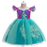 dress of Little Mermaid-inspired special occasion dress for girls in purple and teal with seashell details, flowing tulle skirt, and optional tiara and magic wand accessories. Perfect for birthdays, costume parties, and dress-up play.