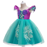 front side view Little Mermaid-inspired special occasion dress for girls in purple and teal with seashell details, flowing tulle skirt, and optional tiara and magic wand accessories. Perfect for birthdays, costume parties, and dress-up play.