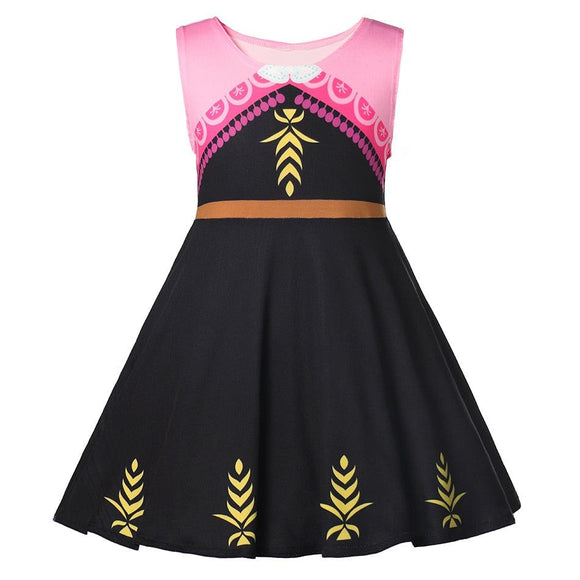 Princess Party Dresses' Anna-inspired frock with pink bodice, golden wheat motifs, and black twirl skirt for children's fantasy playwear front view