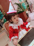 4PCS Girl Autumn Winter Spring Red Velvet Vintage Spanish Princess Lolita Pompom Ball Christmas Birthday Wedding Party Dress