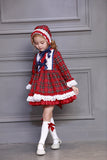 3PCS Baby Girl Autumn Winter Red Plaid Vintage Spanish Pompom Ball Princess Lolita Dress with Hat Pants for Christmas Birthday