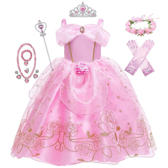Sleeping Beauty Aurora Costume Pink Dress with Gold Roses