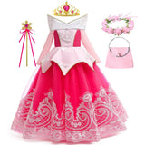 Girls Sleeping Beauty Aurora Princess Dress Long Sleeves Off Shoulder Lace Costume