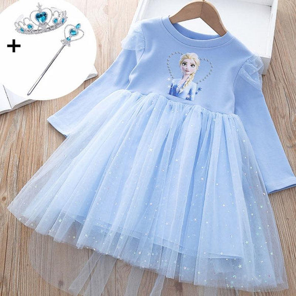 Elsa and Anna Frozen Long Sleeve Tulle Princess Casual Dress for Girls