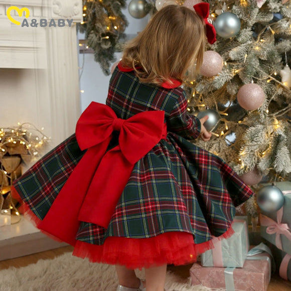 Ma&Baby 1-7Y Christmas Girls Red Dress Kid Toddler Girl Plaid Bow Tulle Tutu Party Dresses Children New Year Xmas Costumes D01