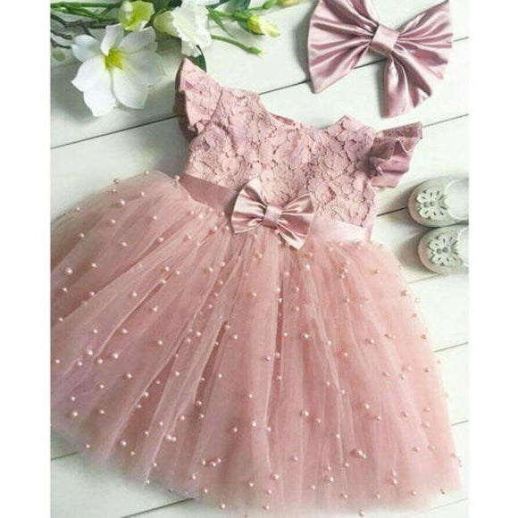 Pink Tulle Dress with Lace and Pearls