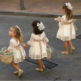 Spring Girls Bridesmaid White Dress Baby Toddler Kids Knee-Length Lace Long Sleeve Bow Wedding Princess Dresses