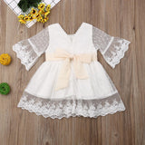 Spring Girls Bridesmaid White Dress Baby Toddler Kids Knee-Length Lace Long Sleeve Bow Wedding Princess Dresses