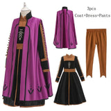 Anna and Elsa Frozen Black Dress, Purple Coat, and Brown Pant Set